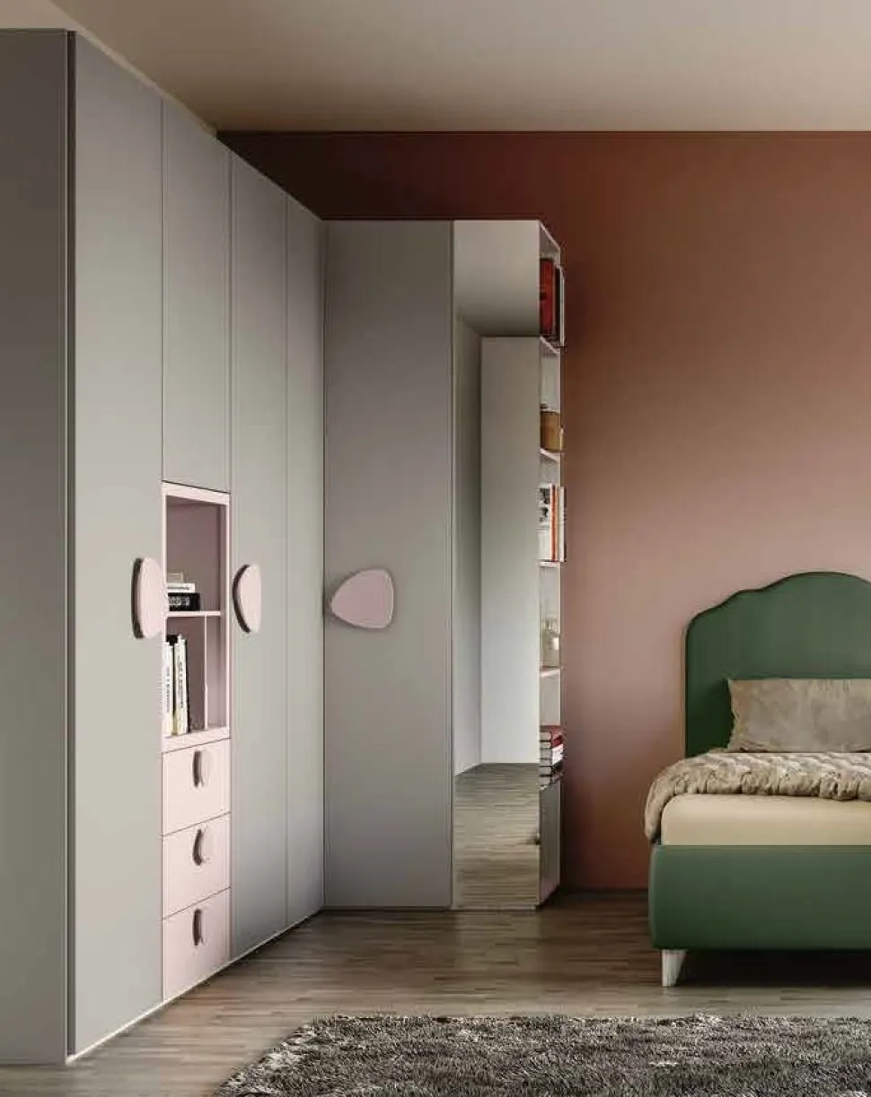 Armadio angolare 5 ante con cabina e specchio Grigio seta e Rosa confetto disponibile in 2 misure e vari colori
