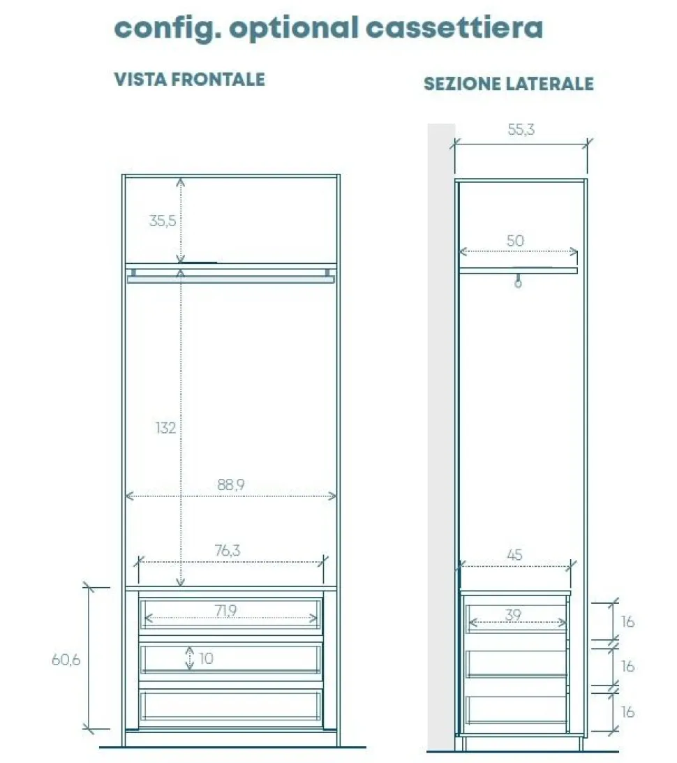Armadio 6 ante battenti Cashmere con 3 cassetti Vano TV girevole e maniglie a gola disponibile in 3 colori