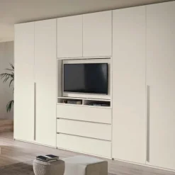 Armadio 6 ante battenti con vano porta tv e 3 cassetti disponibile in 2 misure con maniglia in alluminio verniciato