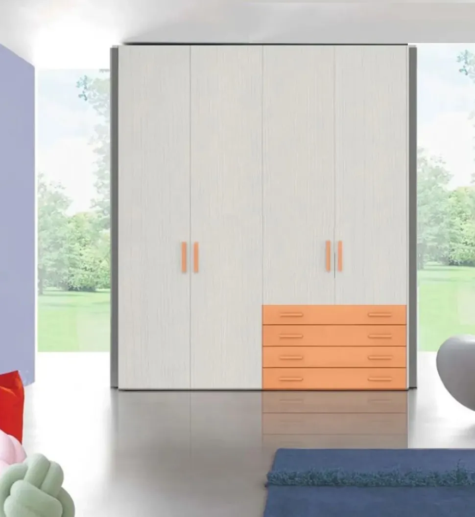 Armadio 4 ante battenti e 4 cassetti Rovere Bianco disponibile in 2 misure e 15 colori linea Volo
