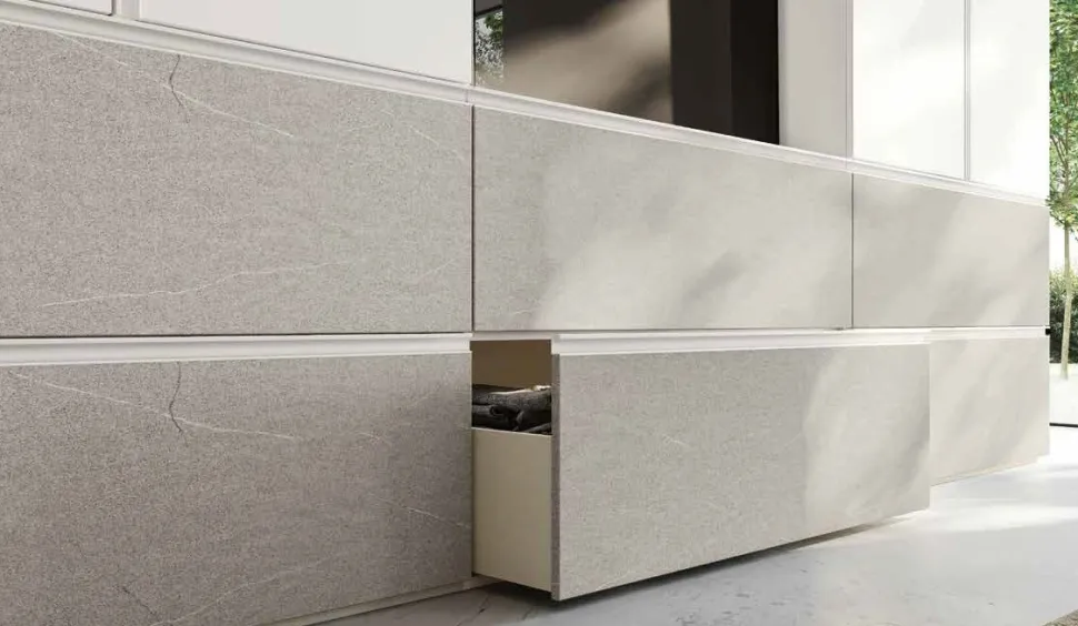 Armadio 6 ante battenti e 6 Cassetti con Vano TV Bianco opaco e Graniglia chiaro disponibile in vari colori