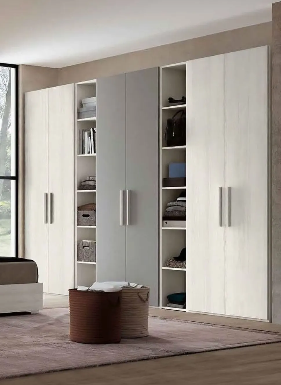 Armadio 6 ante battenti e 2 librerie Bianco opaco e Grigio con maniglia in MDF disponibile in 2 misure e vari colori Mark linea Bam