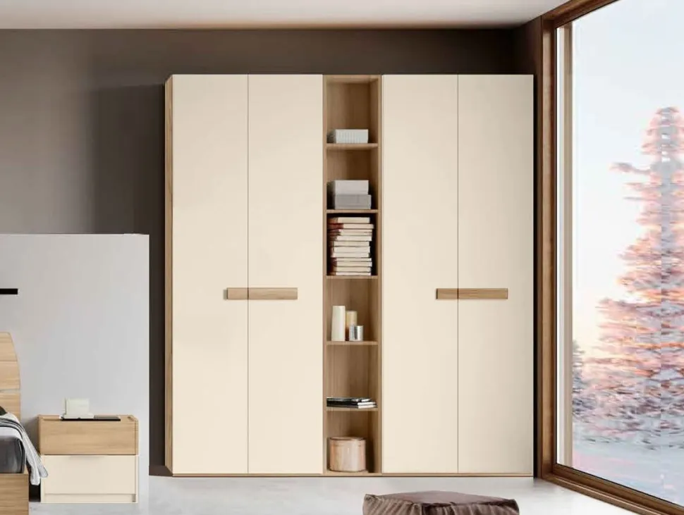 Armadio 4 ante battenti e libreria finitura Orzo e Rovere con maniglia in MDF disponibile in 2 misure e vari colori Fiona linea Bam