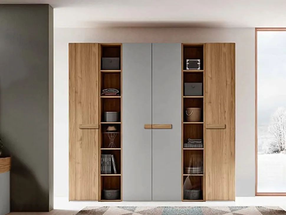 Armadio 4 ante battenti e 2 librerie finitura Rovere e Grigio con maniglia in MDF disponibile in 2 misure e vari colori Polly