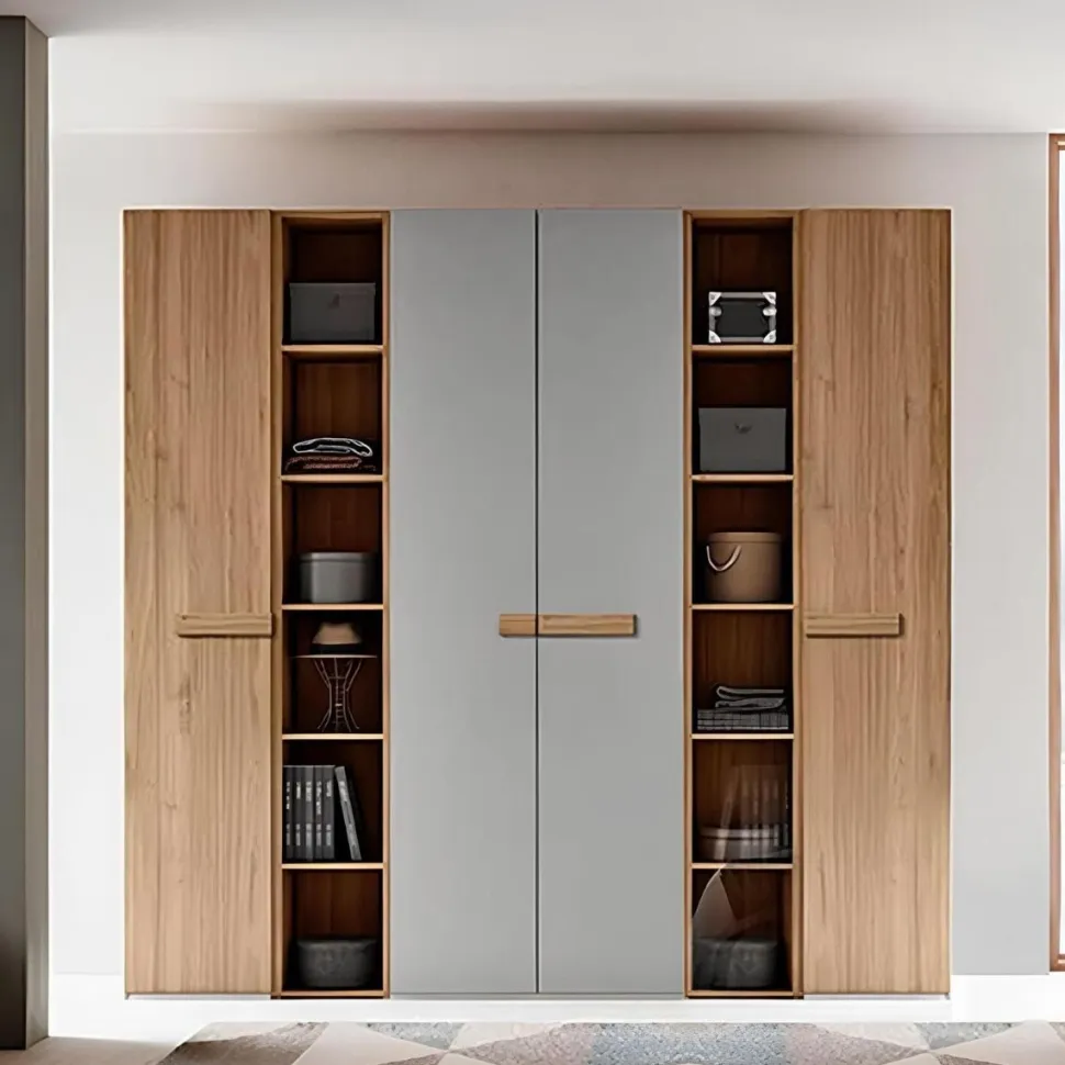 Armadio 4 ante battenti e 2 librerie finitura Rovere e Grigio con maniglia in MDF disponibile in 2 misure e vari colori Polly