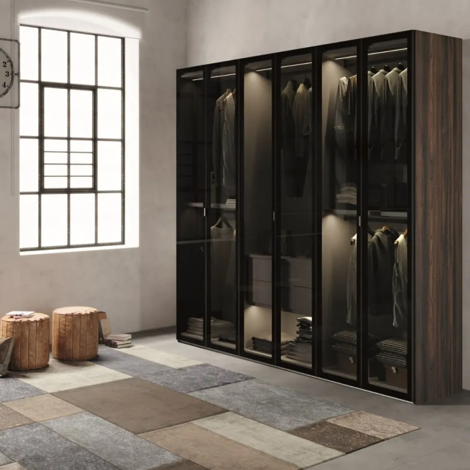Armadio 6 ante battenti in Vetro Fumè e struttura Quercia Brown Colori personalizzabili