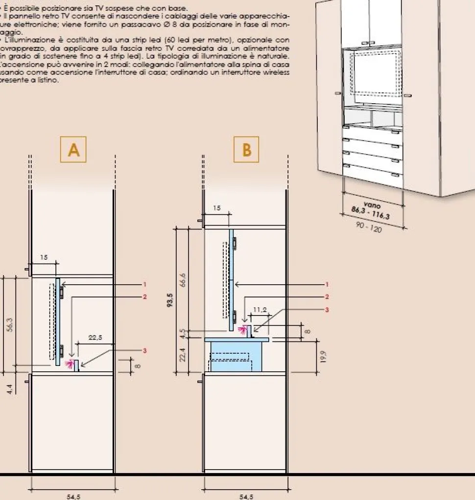 Armadio 6 ante battenti Yuri con vano Tv e 4 cassetti linea Lotto disponibile in 21 colorazioni