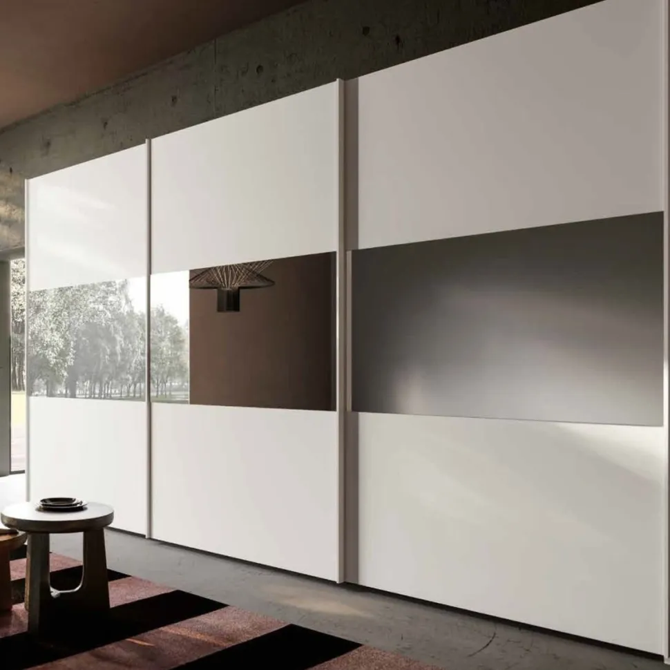 Armadio 3 ante scorrevoli Bianco opaco con Fascia a Specchio disponibile in vari colori