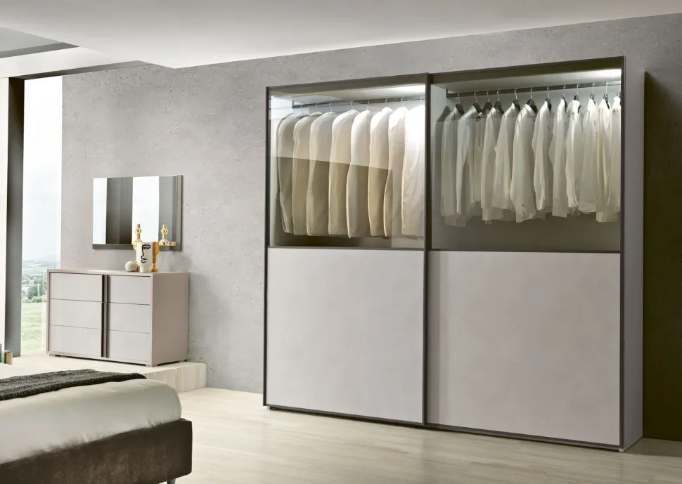 Armadio 2 ante scorrevoli Calce e inserti con vetro Ambra Gloss linea Domino