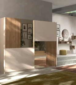 Armadio 2 ante scorrevoli con inserti a specchio Florie linea Chérie in finitura Cashmere e Rovere Mercure