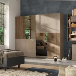 Armadio 2 ante scorrevoli con inserti a specchio Florie linea Chérie in finitura Bronzo e Rovere Mercure