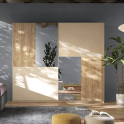 Armadio 2 ante scorrevoli con inserti a specchio Florie linea Chérie in finitura Cashmere e Rovere Cadiz