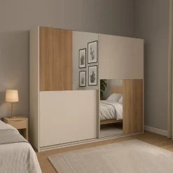 Armadio 2 ante scorrevoli con inserti a specchio Florie linea Chérie in finitura Cashmere e Rovere Cadiz