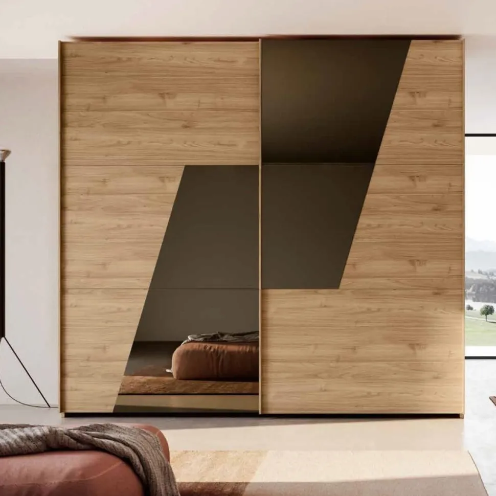 Armadio 2 ante scorrevoli in Noce Biondo con Specchi Bronzo disponibile in vari colori