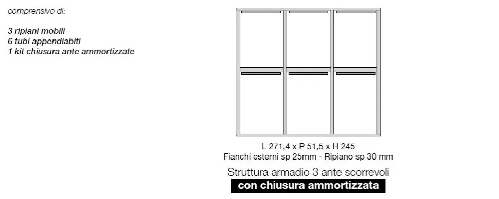 Armadio 3 ante scorrevoli Noce Bianco con inserti a specchio Amber linea Domino