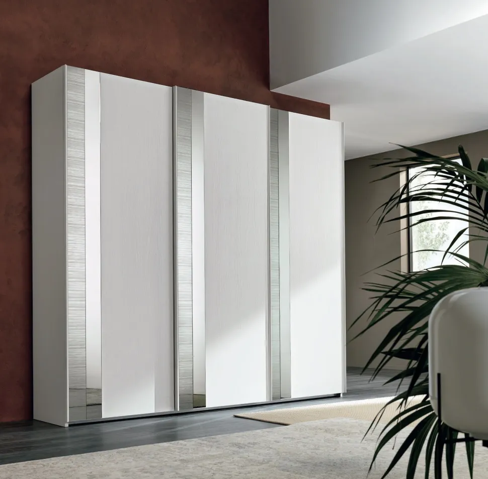 Armadio 3 ante scorrevoli Noce Bianco con inserti a specchio Amber linea Domino