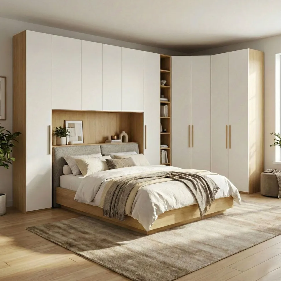 Armadio a ponte angolare moderno con Libreria in Bianco Opaco e Noce personalizzabile in vari colori