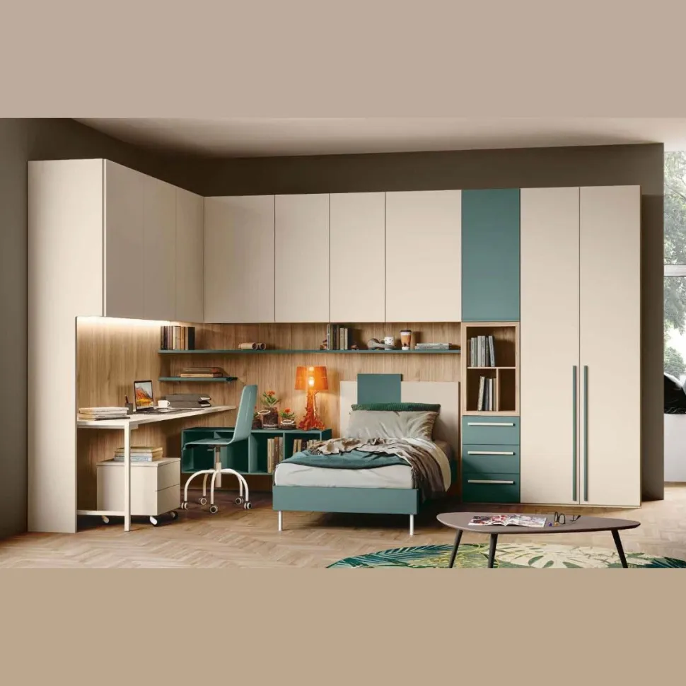 Armadio a ponte angolare salvaspazio con letto in Noce biondo, Orzo e Verde salvia disponibile in 2 misure e vari colori