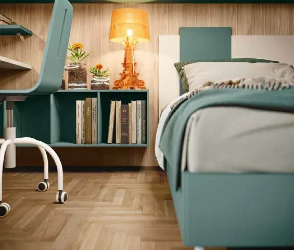 Armadio a ponte angolare salvaspazio con letto in Noce biondo, Orzo e Verde salvia disponibile in 2 misure e vari colori