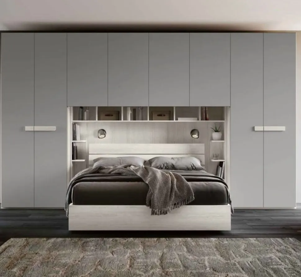 Armadio a ponte moderno con ante battenti Bianco e Grigio cenere L 410 e maniglie in MDF disponibile in 2 misure e vari colori