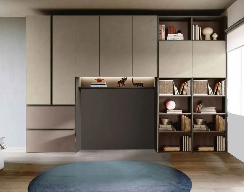 Armadio a ponte salvaspazio con libreria in Argilla, Bronzo e Grigio cenere disponibile in 2 misure e vari colori