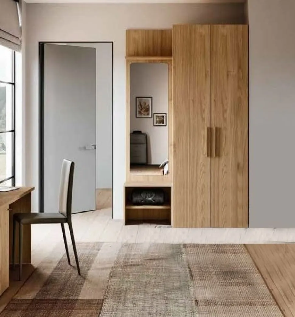 Armadio battente 2 ante con Boiserie con specchio finitura Rovere disponibile in 2 misure e vari colori linea Bam