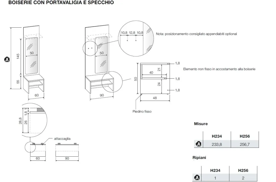 Armadio battente 2 ante con Boiserie con specchio finitura Rovere disponibile in 2 misure e vari colori linea Bam