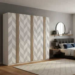 Armadio battente componibile con maniglia a tutta altezza in finitura Cashmere e Rovere disponibile in 5 misure con grafica