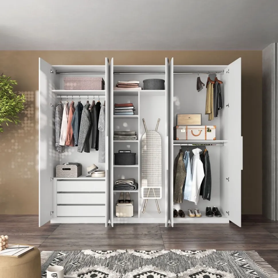 Armadio battente componibile con maniglia a tutta altezza in finitura Cashmere e Rovere disponibile in 5 misure con grafica