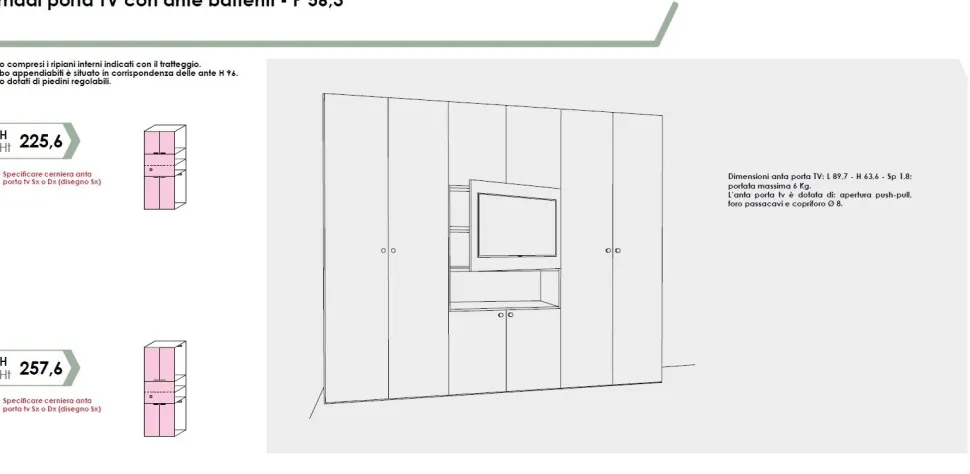 Armadio battente con maniglia a tutta altezza e vano TV disponibile in 2 misure e 13 colori