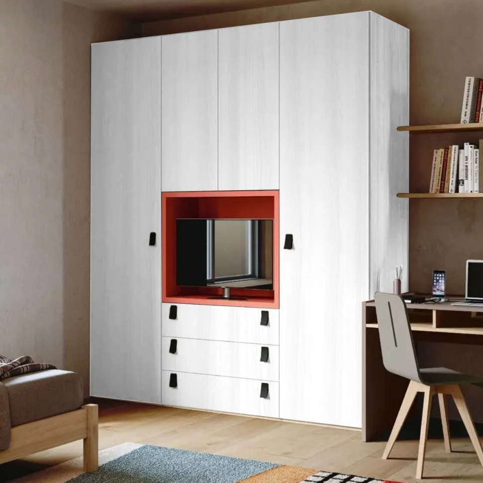 Armadio battente con Vano Porta TV, Bronzo, Noce e Rosso Corallo moderno e funzionale disponibile in 2 misure e vari colori