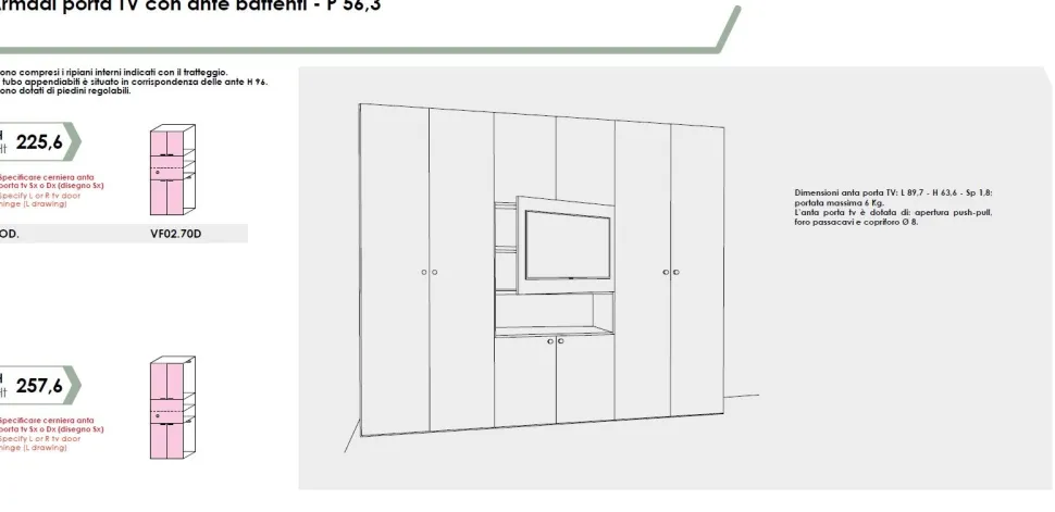Armadio battente con vano tv e maniglia a tutta altezza disponibile in 2 misure e 13 colori