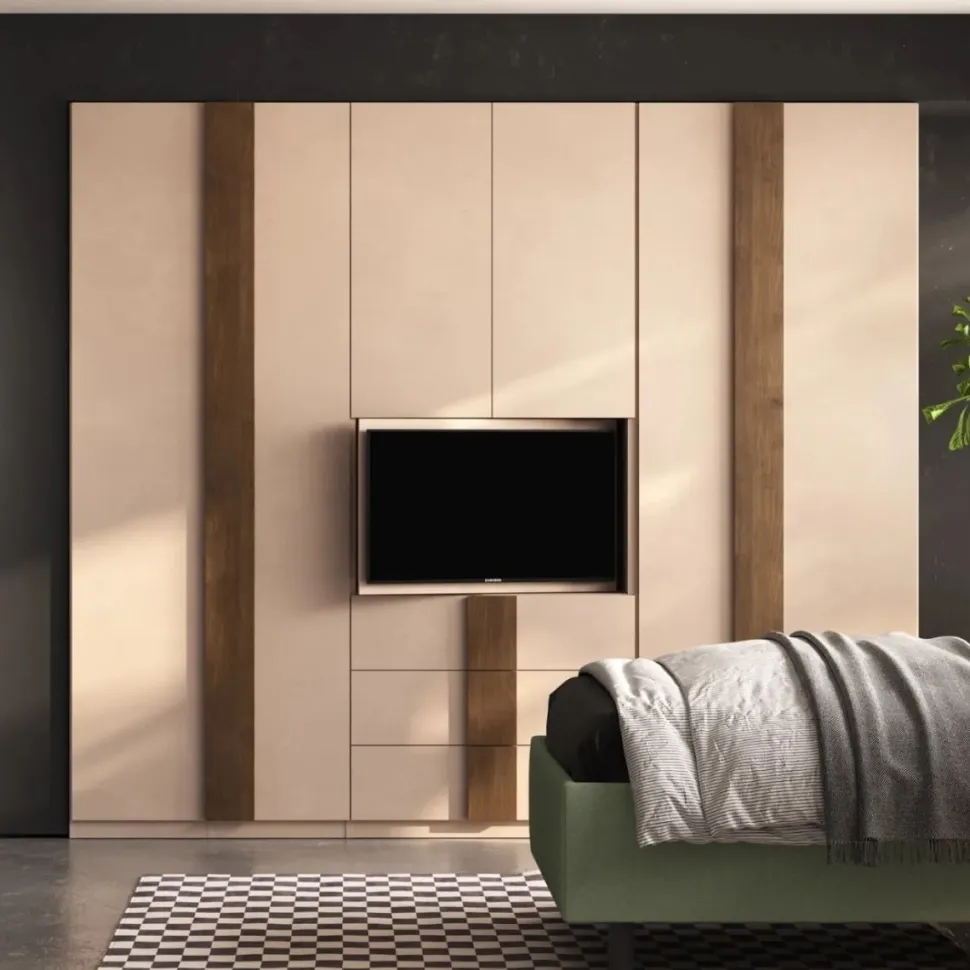 Armadio battente con vano TV Integrato e Cassetti in finitura Cashmere e Rovere Mercure