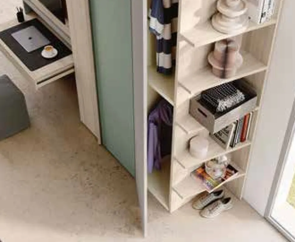 Armadio battente moderno con vano Tv e scrittoio estraibile verde Agave, Grigio seta e Olmo natura