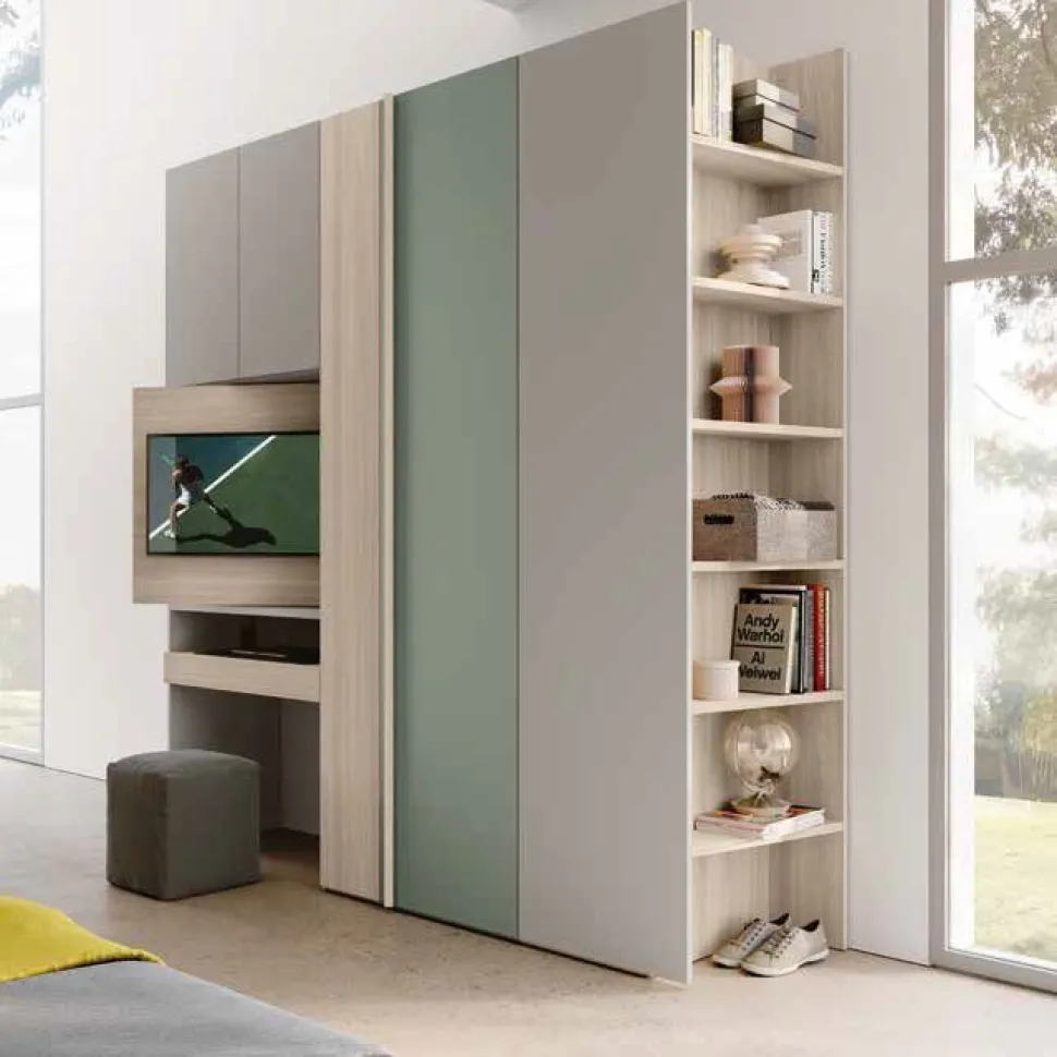 Armadio battente moderno con vano Tv e scrittoio estraibile verde Agave, Grigio seta e Olmo natura