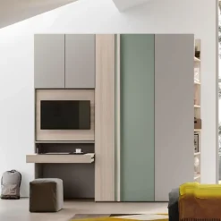 Armadio battente moderno con vano Tv e scrittoio estraibile verde Agave, Grigio seta e Olmo natura