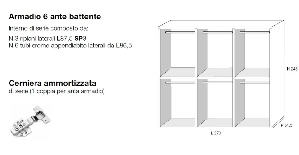 Armadio City 6 ante battenti linea Domino finitura Cachemire con maniglia Stilo in alluminio verniciato