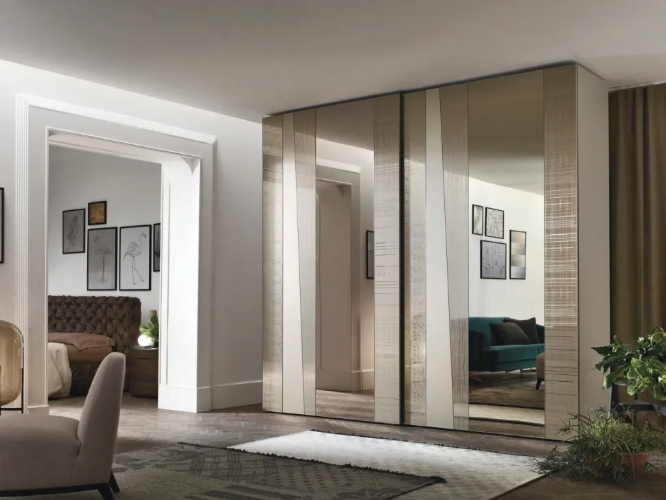 Armadio componibile ante scorrevoli con inserti a specchio bronzato disponibile in varie misure e colori