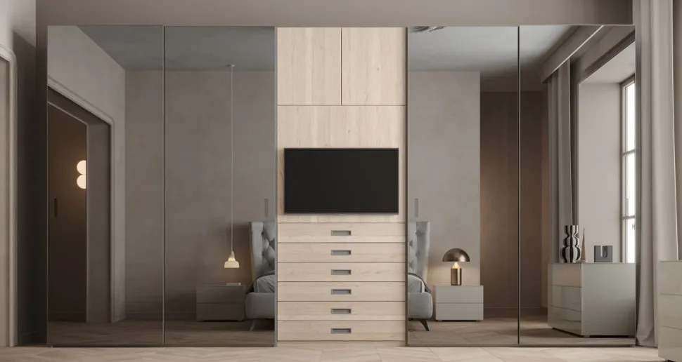 Armadio con vano tv e ante scorrevoli a specchio Tunder linea New Season