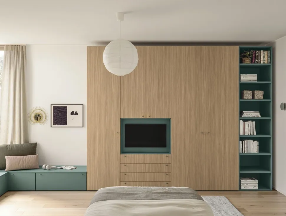 Armadio con vano Tv girevole 5 ante battenti e 4 cassetti linea Airone