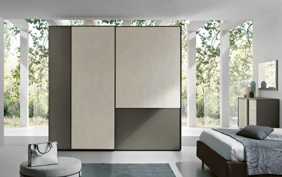 Armadio Fool 2 ante scorrevoli linea Domino finitura Grigio Londra e inserti Calce