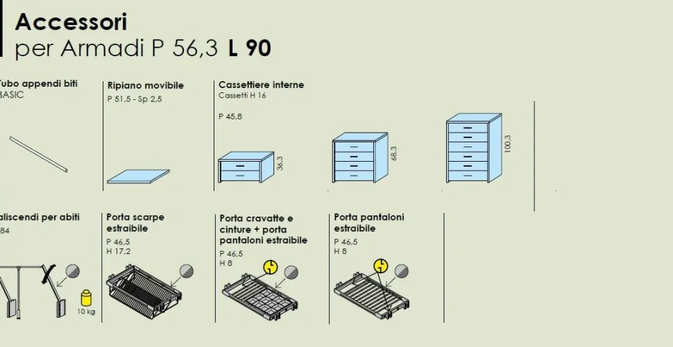 Armadio Frido 6 ante battenti e 4 cassettoni linea Lotto disponibile in 21 colorazioni
