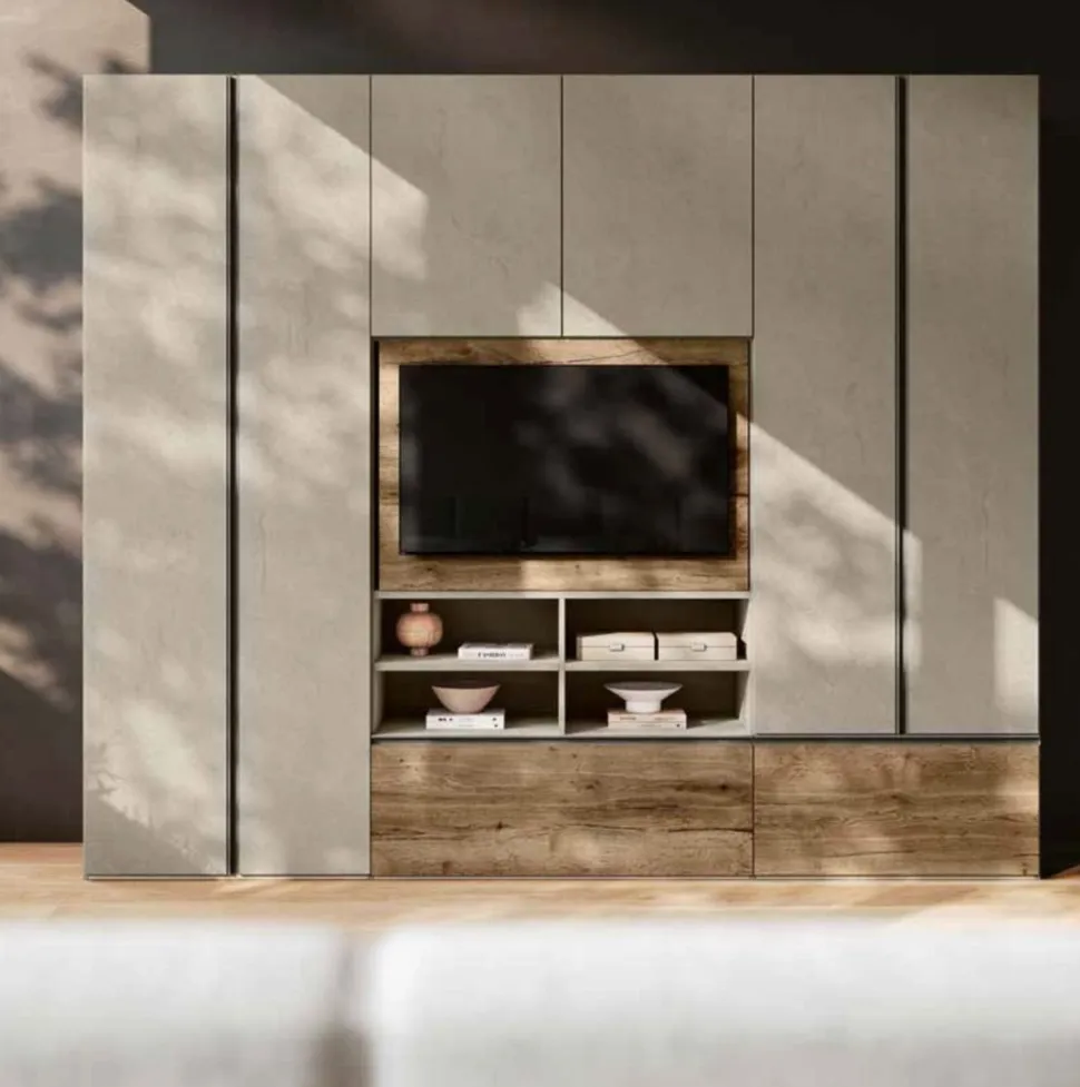 Armadio guardaroba con Vano TV integrato con ante a cassetti disponibile in vari colori
