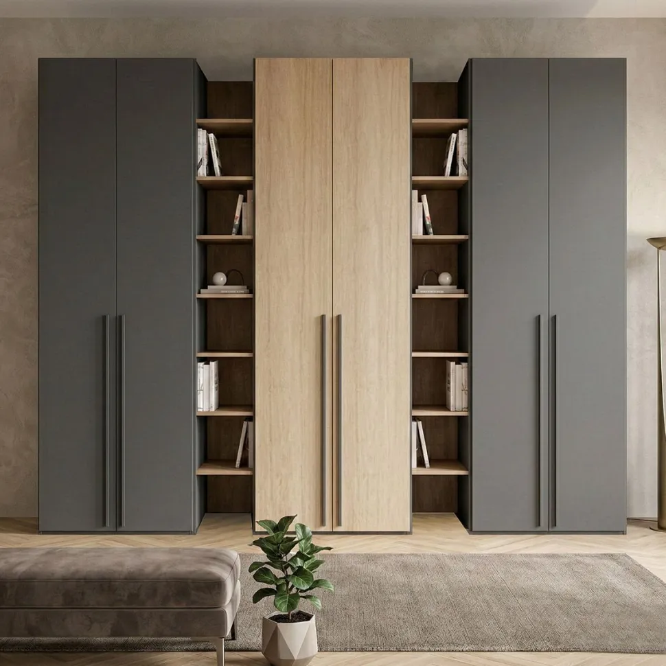 Armadio Mix con ante battenti e librerie linea Volo disponibile in 2 misure