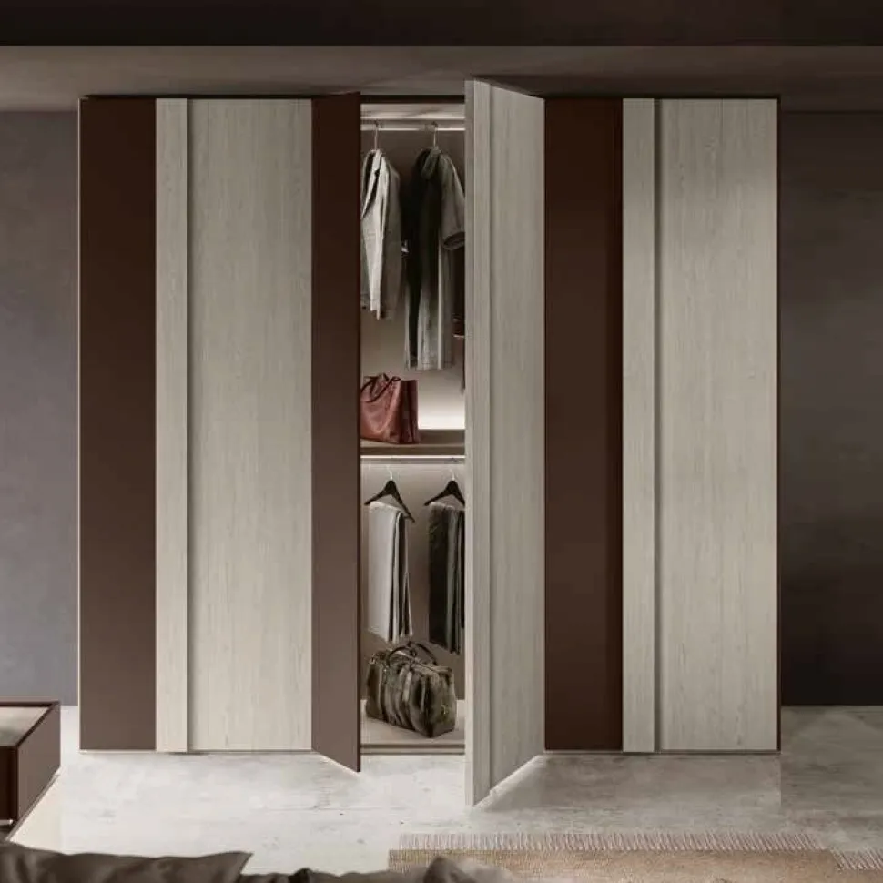 Armadio moderno 6 ante battenti in Rovere Gessato e Moka con maniglia Integrata a tutta altezza disponibile in vari colori