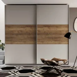 Armadio moderno 2 ante scorrevoli Grigio Seta con Inserto Rovere disponibile in vari colori