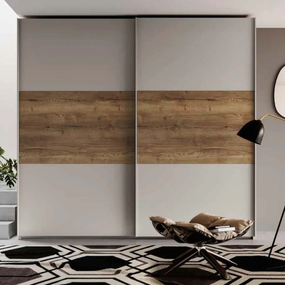 Armadio moderno 2 ante scorrevoli Grigio Seta con Inserto Rovere disponibile in vari colori