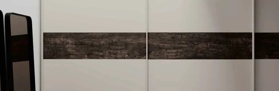 Armadio moderno 3 ante scorrevoli in Grigio Seta e inserto centrale Legno Bruciato disponibile in vari colori