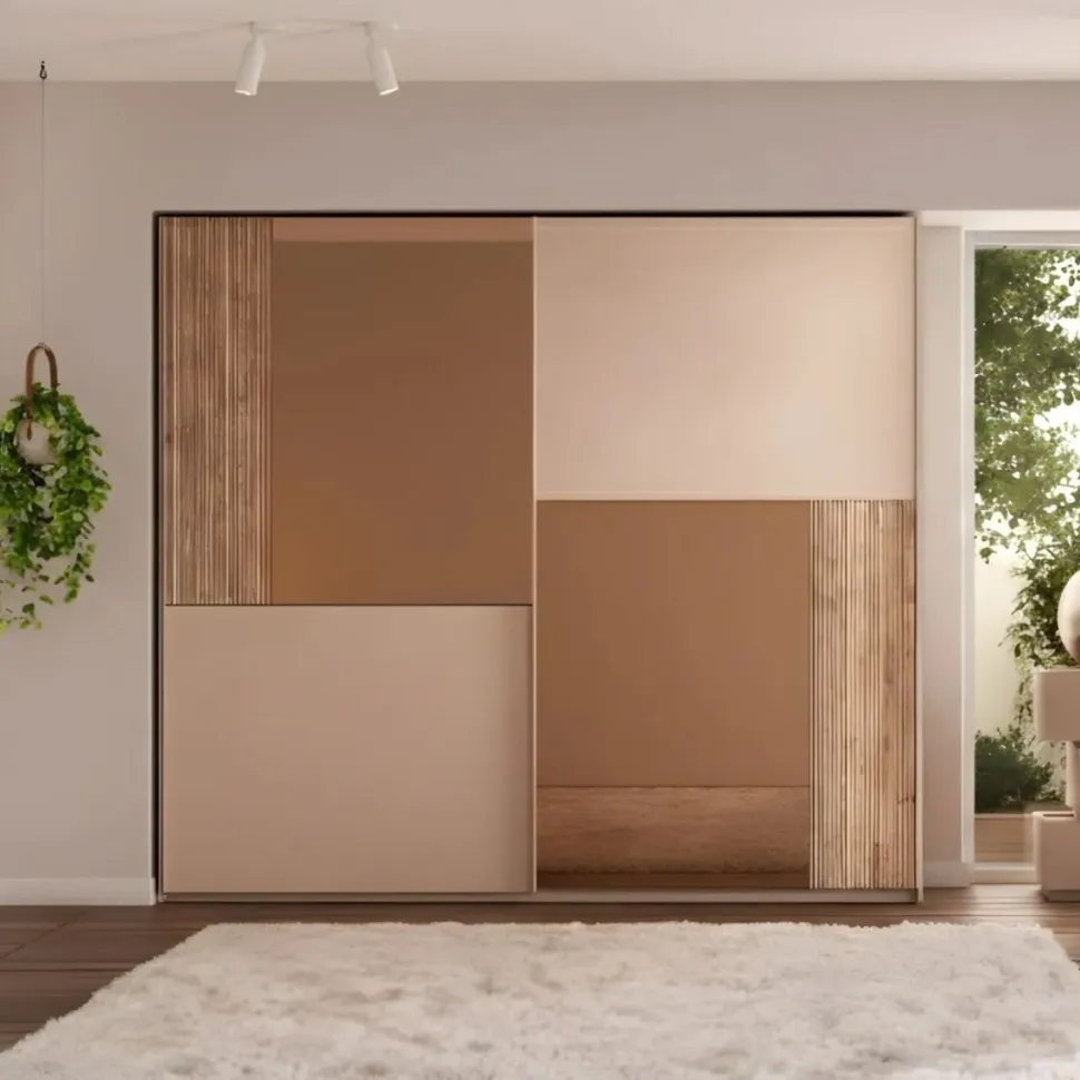 Armadio moderno 2 ante scorrevoli finitura Cashmere con inserti Cannettati e a specchio Bronzo
