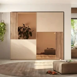 Armadio moderno 2 ante scorrevoli finitura Cashmere con inserti Cannettati e a specchio Bronzo